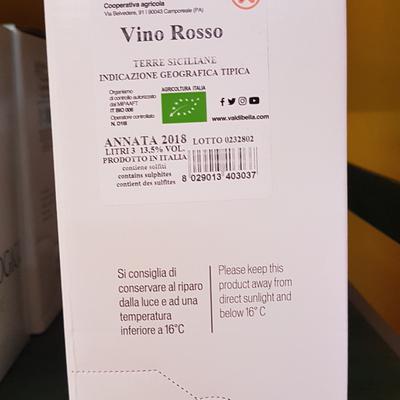 Vino rosso  3 lt biologico  nero d'Avola